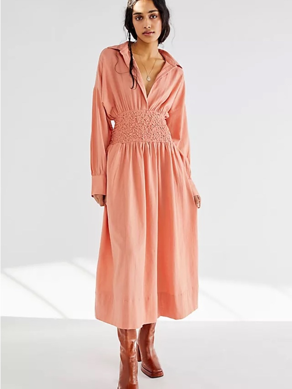 Free People Peach Button-Front Maxi Dress with Shirred Waist - Picture 4 of 14